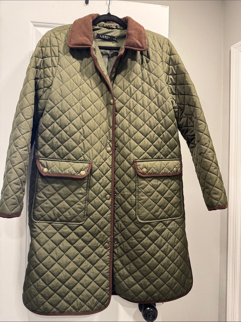 Lauren Ralph Lauren Olive Quilted Long Coat with Brown Trim